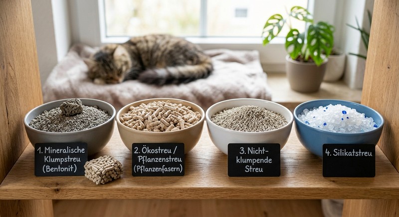 Vier Keramikschalen mit verschiedenen Katzenstreu-Arten stehen nebeneinander auf einem Holzregal, davor schwarze Beschriftungsschilder. Von links nach rechts: 1. Mineralische Klumpstreu mit Bentonit-Klumpen, 2. Ökostreu-Pellets, 3. Nicht-klumpende Streu und 4. Silikatstreu. Im unscharfen Hintergrund schläft eine Katze auf einer Fensterbank.
