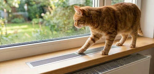 Eine getigerte orangefarbene Katze läuft auf einer hellen Holzfensterbank direkt über einem Heizkörper. Sie tritt mit einer Vorderpfote genau auf ein eingelassenes Lüftungsgitter mit langen, waagerecht verlaufenden Schlitzen. Im Hintergrund ist ein Fenster mit Blick in einen grünen Garten zu sehen.