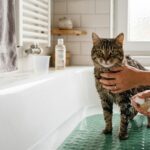 Eine getigerte Katze steht ruhig auf einer grünen, rutschfesten Matte in einer Badewanne mit niedrigem Wasserstand. Eine Person hält eine Flasche Katzenshampoo und beruhigt das Tier sanft mit der Hand. Das Badezimmer ist hell und sauber.