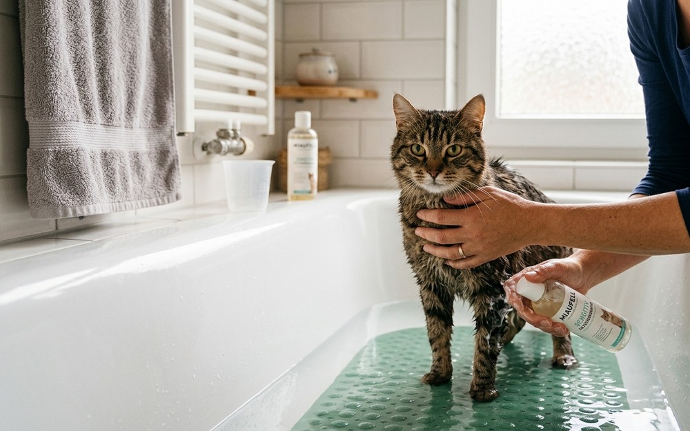 Eine getigerte Katze steht ruhig auf einer grünen, rutschfesten Matte in einer Badewanne mit niedrigem Wasserstand. Eine Person hält eine Flasche Katzenshampoo und beruhigt das Tier sanft mit der Hand. Das Badezimmer ist hell und sauber.