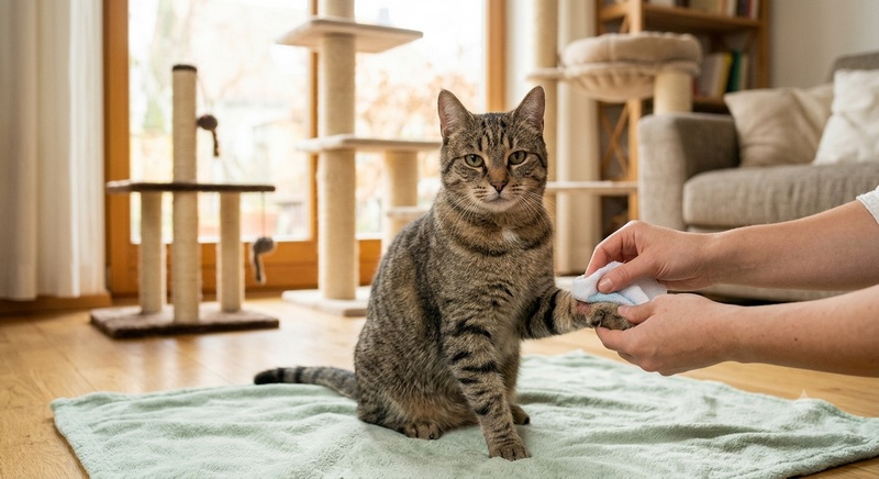 Erste Hilfe bei einem Insektenstich bei einer Katze. Eine getigerte Katze sitzt auf einer Decke im Wohnzimmer, während ihre Pfote vorsichtig gekühlt wird. Im Hintergrund steht ein Kratzbaum.
